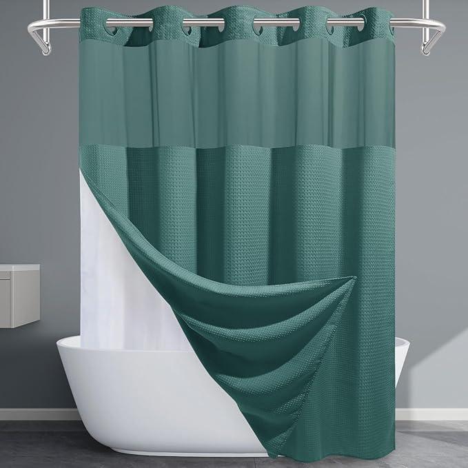 EUTXL Seaweed Green No Hook Shower Curtain with Snap in Liner,230GSM Waffle Weave Shower Curtains for Bathroom,71W x 74H - ModernBath