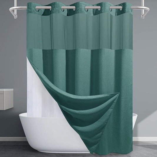 EUTXL Seaweed Green No Hook Shower Curtain with Snap in Liner,230GSM Waffle Weave Shower Curtains for Bathroom,71W x 74H - ModernBath