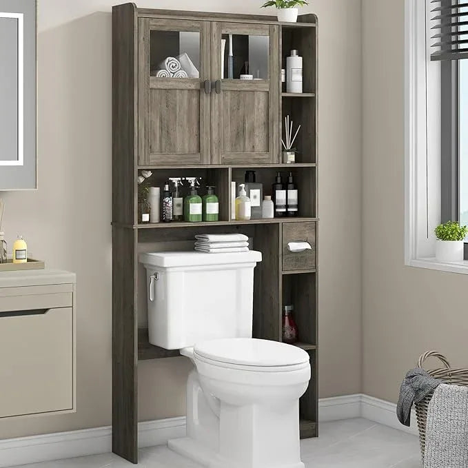 Vabches Over The Toilet Storage Cabinet, Bathroom Shelf Over Toilet with Glass Doors and Adjustable Shelves, Grey Freestanding Home Space Save Toilet Rack, for Restroom, Bathroom, Laundry - ModernBath
