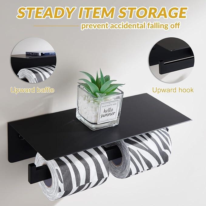 APLusee Matte Black Double Toilet Paper Holder with Shelf, 304 Stainless Steel Bathroom Tissue Roll Holder, Commercial Paper Dispenser Wall Mounted - ModernBath