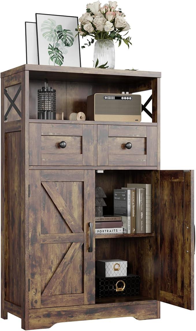Rustic Brown Farmhouse Storage Cabinet with Barn Doors and Shelves, Freestanding Kitchen Pantry Storage Cabinet, Coffee Bar Station, Hutch Cupboard for Kitchen, Dining Room, Livingroom - ModernBath