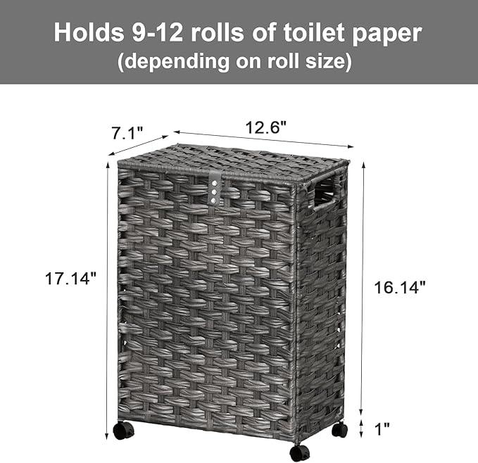 Hiagnete Toilet Paper Storage Basket with Lid and Wheels, Rattan Toilet Paper Holder Storage, Toilet Paper Organizer for Bathroom, Bedroom, Kitchen, 12.6”L x 7.1”W x 17.14”H, Grey - ModernBath