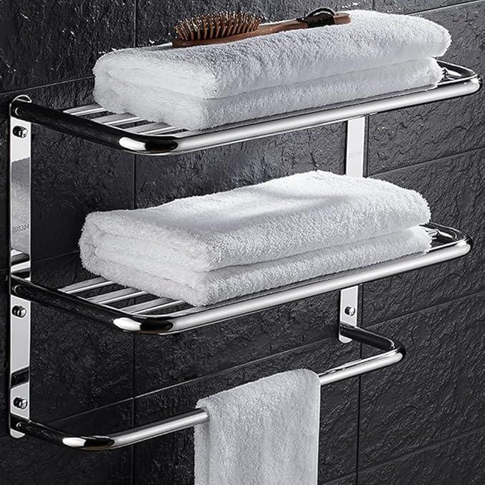 2-Tier Towel Rack Floating Shelf with Towel Bar, 20-Inch W x 8.25-Inch D Bathroom Hotel Towel Shelf, Wall Mount, Mounting Hardware Included,Polished Chrome - ModernBath