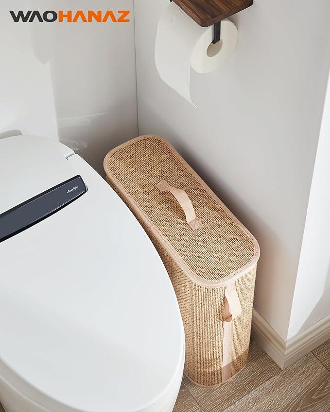 Bamboo Toilet Paper Storage Basket with Lid & Handle - 32L Large Capacity Handwoven Bathroom Organizer for 16 Rolls - Sturdy Stand Holder for Toilet Paper Organization, Carbon Brown - ModernBath