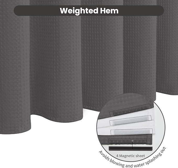 Inhousolu No Hook Waffle Weave Shower Curtain with Removable Snap in Fabric Liner Set for Bathroom, 230 GSM Heavy Duty Weighted Hem, Water Repellent Washable Bath Curtains, 72 x 72 Inch, Graphite Grey - ModernBath