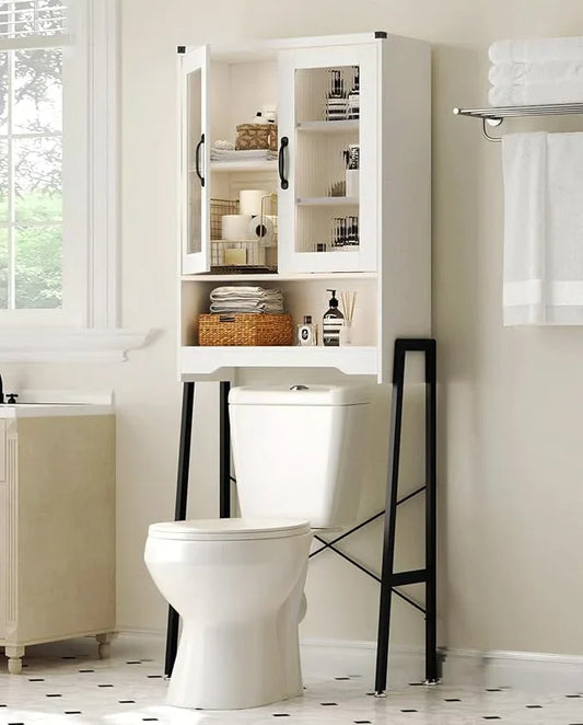 Over The Toilet Storage Cabinet with Tempered Glass Doors & Metal Stand, Over Toilet Organizer with Adjustable Shelf Space Saver Over Toilet , Tall Freestanding Shelf/Rack for Bathroom, Modern, White - ModernBath