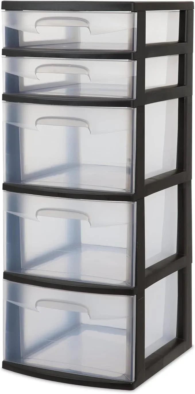 5-Tier Storage Drawer,with Both Shallow and Deep Clear Plastic Storage Organizer Drawer Tower，Suitable for Bedroom,Bathroom and Office Organization Black - ModernBath