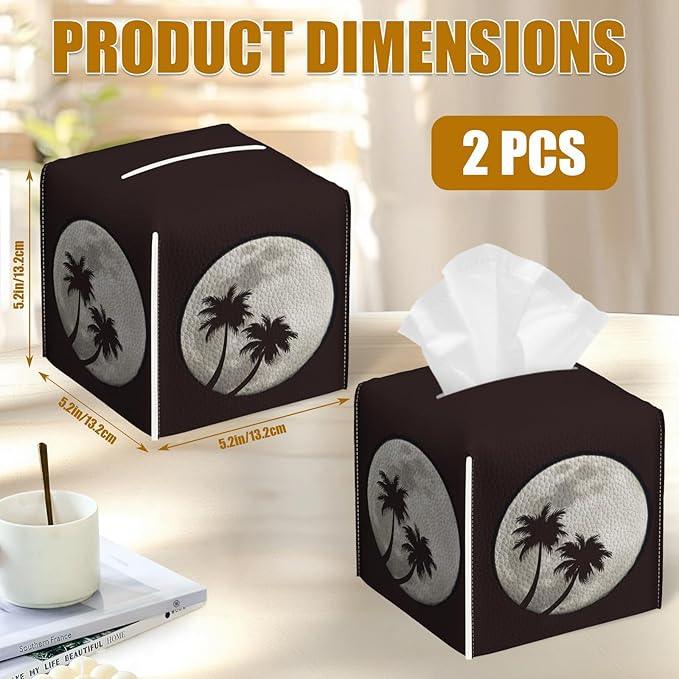 Full Moon Tissue Box Cover 2PCS, Palm Tree Leather Tissue Box Holder Square Facial Paper Case Tissue Box Cube Organizer for Bathroom Bedroom Desk Office - ModernBath