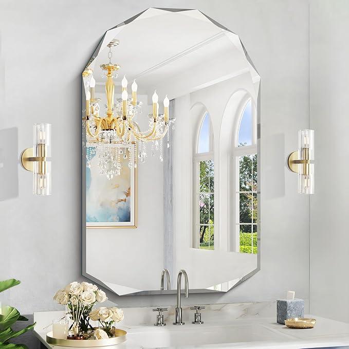 KOCUUY 30"x48" Frameless Mirror, Arched Shape with Diamond-Shaped Beveled Edge,Unframed Decorative with Upgraded Shatterproof Glass,Unique Frameless Mirror for Bathroom,Living Room,Bedroom - ModernBath