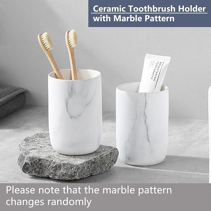 Marble Toothbrush Holders - 2 Ceramic Toothbrush Holders for Bathrooms Toothbrush Toothpaste Holders Set, White Bathroom Tumbler Cups Reusable Toothbrush Mouthwash Cup, Bathroom Counter Organizer. - ModernBath