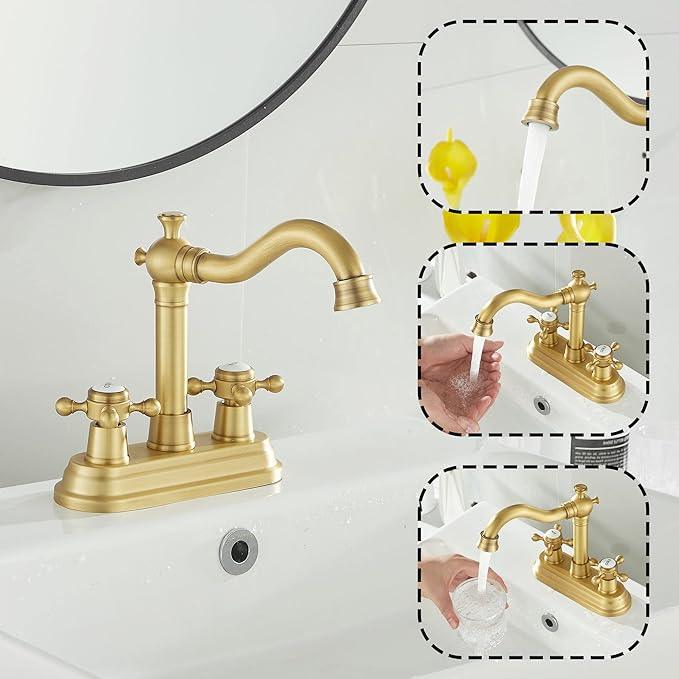 GGStudy Bathroom Faucet Antique Brass 2 Handles 4 Inches Centerset Bathroom Vanity with Drain Assembly and Supply Hose Lavatory Faucet - ModernBath
