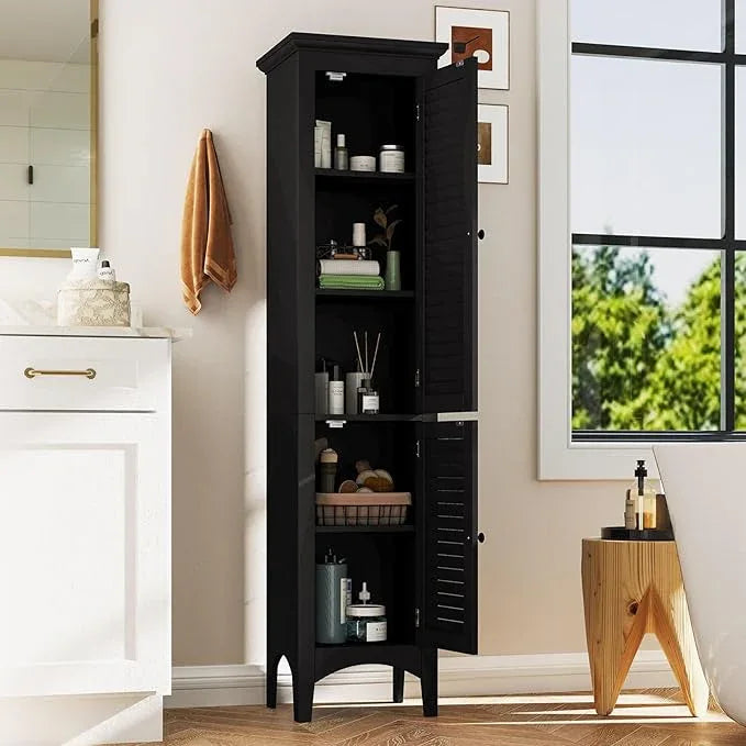 Tangkula 63" Tall Bathroom Storage Cabinet, Freestanding Narrow Linen Tower with Adjustable Shelf, Modern Slim Floor Cabinet with 2 Doors for Bathroom, Living Room, Kitchen (Black) - ModernBath