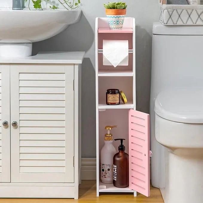 AOJEZOR Toilet Paper Holder Stand: Small Bathroom Storage Cabinet - Rose Dawn - White - ModernBath