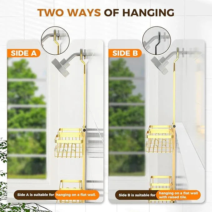REINHARDT Shower Caddy Hanging for Handheld Showerheads Adjustable Split Shower Caddy, Rustproof Shower Organizer with Hooks for Razors Over the Head Caddy with Soap Holder Bathroom Accessories, Gold - ModernBath