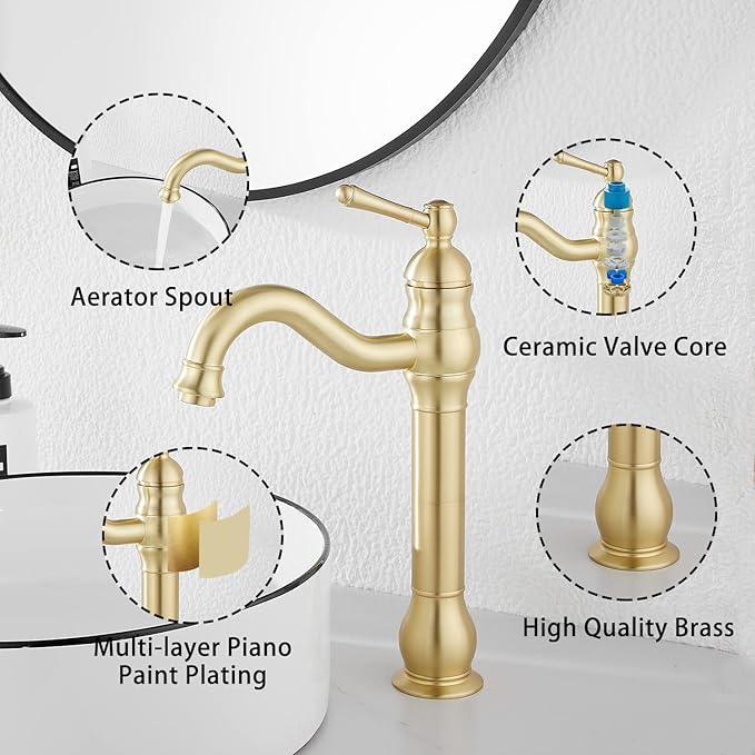 GGStudy 360 Swivel Single-Handle One Hole Vessel Sink Faucet with Matching Pop Up Drain - Brushed Gold Farmhouse Bathroom Vanity Faucet - ModernBath