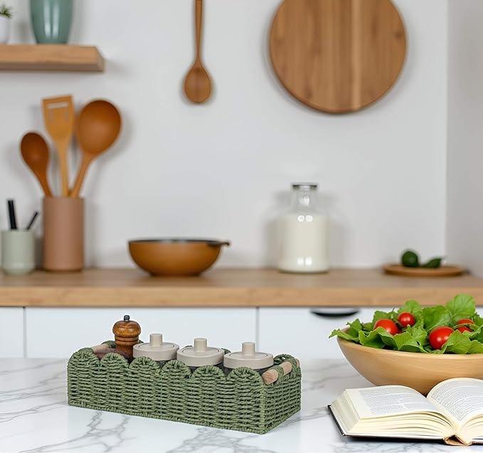 CubesLand Toilet Paper Storage Basket Scalloped Edge Home Decor Green Basket, Living Room Cozy Decor, Paper Rope Small Baskets for Over Toilet Storage Shelf, End Table, Shelves, with 2 Wooden Handles - ModernBath