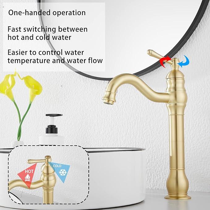 GGStudy 360 Swivel Single-Handle One Hole Vessel Sink Faucet with Matching Pop Up Drain - Brushed Gold Farmhouse Bathroom Vanity Faucet - ModernBath