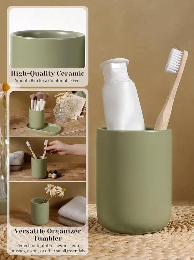 INGOFIN 3 Pcs Ceramic Bathroom Accessory Set - Liquid Soap Dispenser, Toothbrush Holder & Tray, Bathroom Counter Set, Countertop Essentials for Home, Guest Bathroom, or Office Use, Dark Green - ModernBath