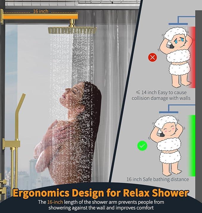 SR SUN RISE Shower Faucets Sets Complete Brushed Gold Square Rain Shower Head with Handheld Spray All Metal Shower Faucet Trim Repair Kits (Contain Shower Valve) - ModernBath