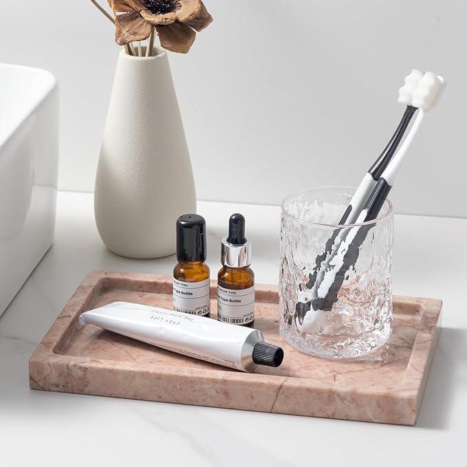 Natural Marble Rectangular Tray 10x6 Inch - Cream Rose Vanity Organizer for Bathroom, Coffee Table & Kitchen - Weighted Base - ModernBath
