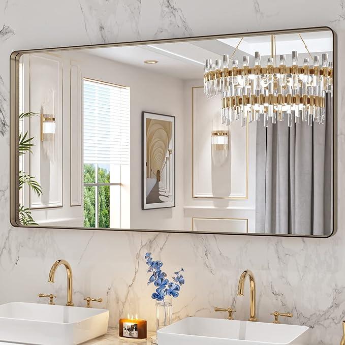 LOAAO 55”X30” Bronze Bathroom Mirrors for Vanity, Rounded Rectangle Brushed Bronze Metal Frame Mirror, Anti-Rust, Tempered Glass, Hangs Horizontally or Vertically - ModernBath