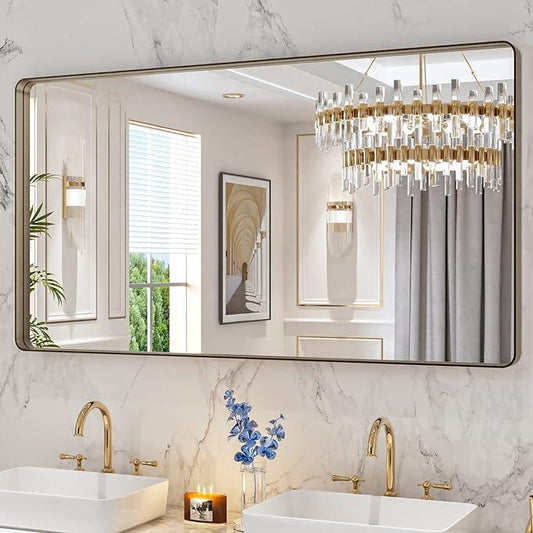 LOAAO 55”X30” Bronze Bathroom Mirrors for Vanity, Rounded Rectangle Brushed Bronze Metal Frame Mirror, Anti-Rust, Tempered Glass, Hangs Horizontally or Vertically - ModernBath