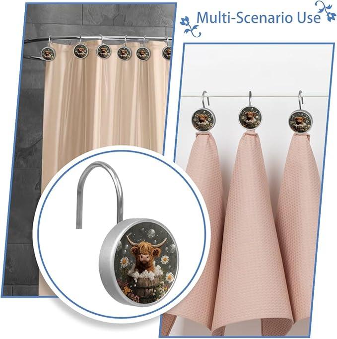Rural Bathing Highland Cow Shower Curtain Hooks 12Pcs, Decorative Rust Resistant Shower Rings for Shower Curtain Rods, Stainless Steel Round Curtain Hooks for Bathroom, Bedroom, Farmhouse - ModernBath