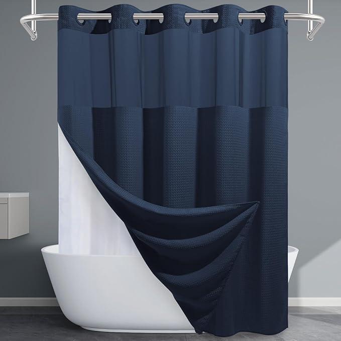 EUTXL Navy Blue Long No Hook Shower Curtain with Snap in Liner,230GSM Waffle Weave Shower Curtains for Bathroom,71W x 86H - ModernBath