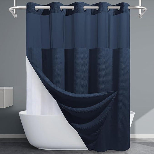 EUTXL Navy Blue Long No Hook Shower Curtain with Snap in Liner,230GSM Waffle Weave Shower Curtains for Bathroom,71W x 86H - ModernBath
