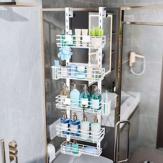 Consumest Over The Door Shower Caddy - 5 Tier Adjustable Shower Organizer Hanging with 2 Toothbrush Holders & 4 Hooks, Rustproof Organizer Shelf, Storage Rack for Bathroom, White - ModernBath