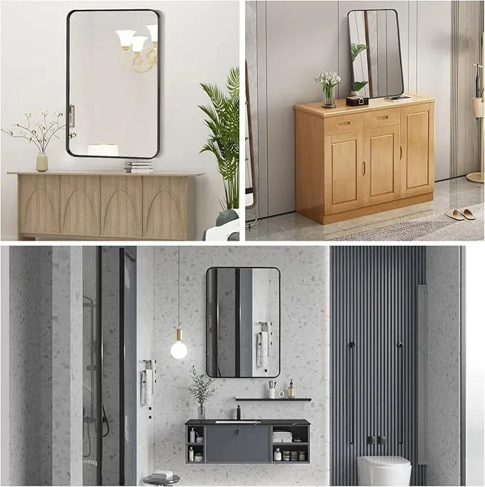 Minuover Wall Mount Mirror for Bathroom, Brushed Black Metal Framed Rounded Corner Rectangular Vanity Mirror (24" x 36", Black) - ModernBath