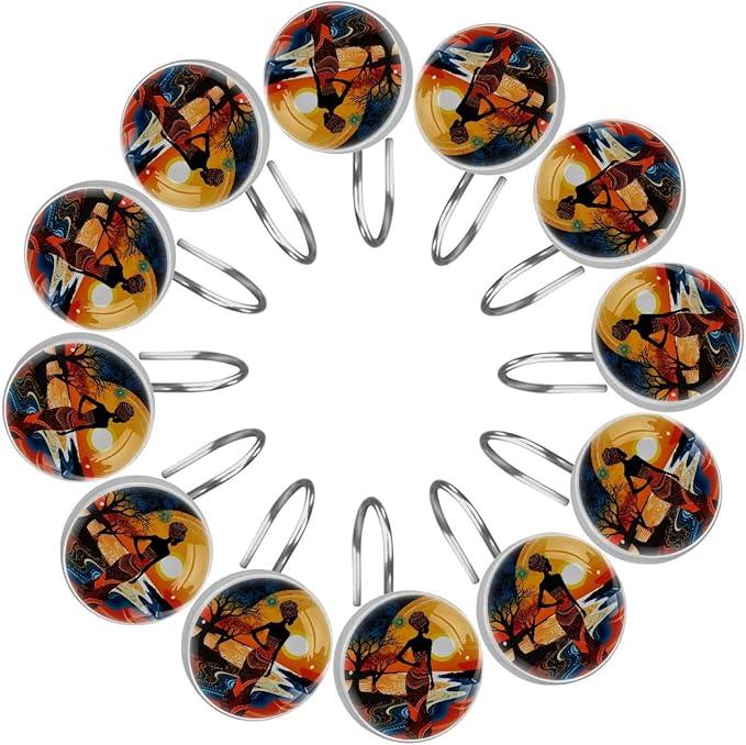 FVQL Shower Curtain Hooks Decorative, Sunset Cartoon African Women, Set of 12, Metal Shower Curtain Rings for Bathroom - ModernBath