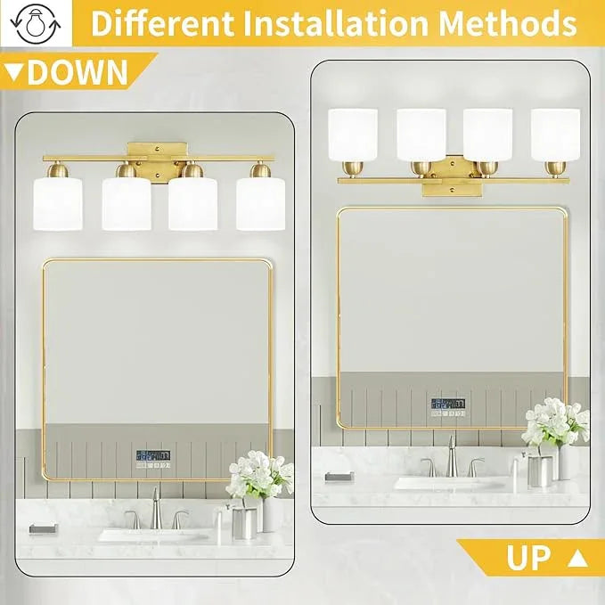 4 Light Gold Light Fixture Bathroom, Brushed Gold Vanity Light with Milky White Frosted Glass Shades, Lights for Bathroom Mirror for Living Room Bedroom Hallway E26 Base - ModernBath