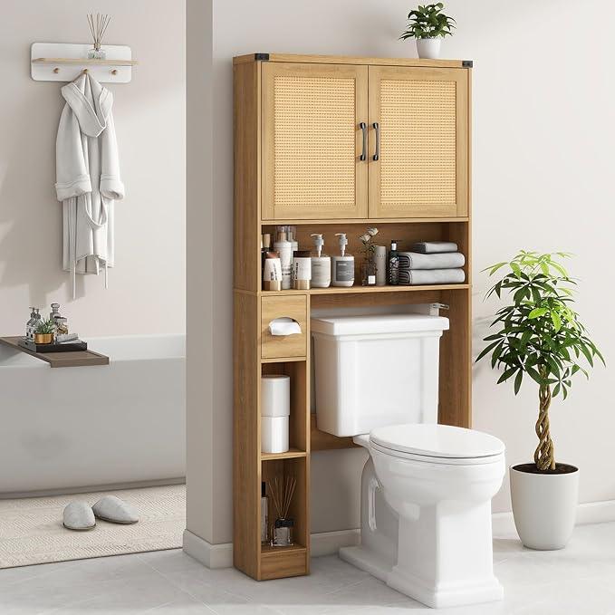 Vabches Over The Toilet Storage Cabinet, Farmhouse Rattan Storage Cabinet Over Toilet with 2 Rattan Barn Doors & Home Space-Saving Toilet Rack, for Bathroom, Restroom, Laundry - ModernBath