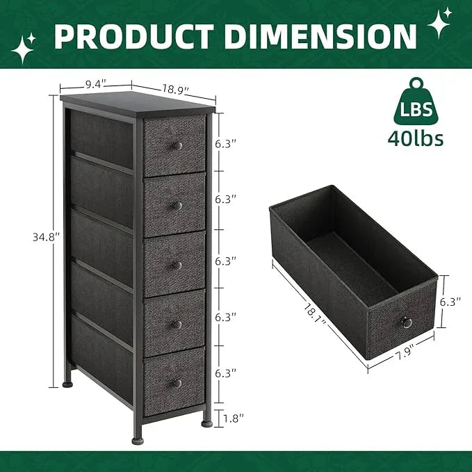 Narrow Dresser, 19" Wide Narrow Nightstand Dresser Storage Tower with 5 Drawers, Slim Fabric Dressers Chest of Drawers for Small Spaces, Wood Top & Fabric Bins for Bedroom Bathroom Closet (Black) - ModernBath