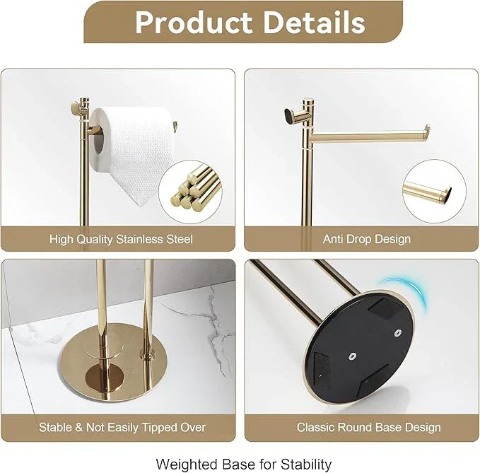 BGL Toilet Paper Holder Stand, SUS304 Stainless Steel Gold, Weighted Base, Holds 5 Jumbo Rolls, Space-Saving Modern Bathroom Storage with Built-in Hook - ModernBath