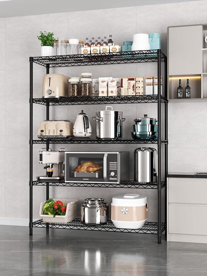 5 Tier Adjustable Storage Shelves Heavy Duty Metal Utility Shelf 1750LBS Capacity Wire Shelving Unit Organizer Rack for Home Kitchen Garage Pantry Room 18" D x 46" W x 77" H Black - ModernBath