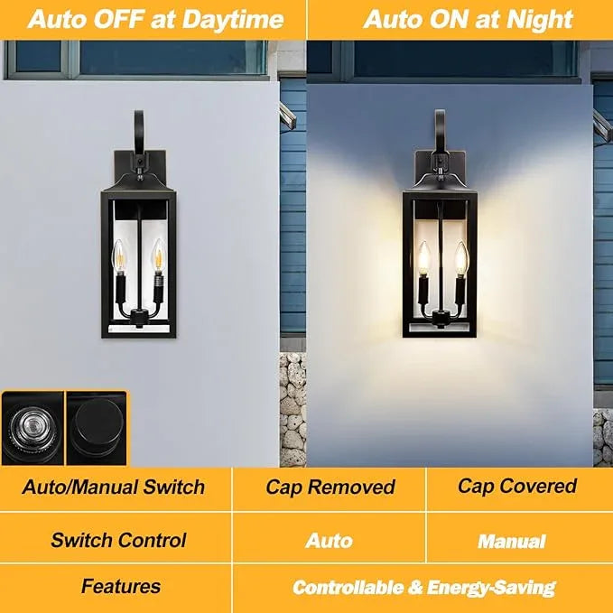 Large Dusk to Dawn Outdoor Lighting - 19" Black Outside Wall Mount Light Fixture with Gold Trim, Exterior Farmhouse Wall Sconce Lantern, Modern Porch Light Exterior Lamp for House 2-Light (1 Pack) - ModernBath