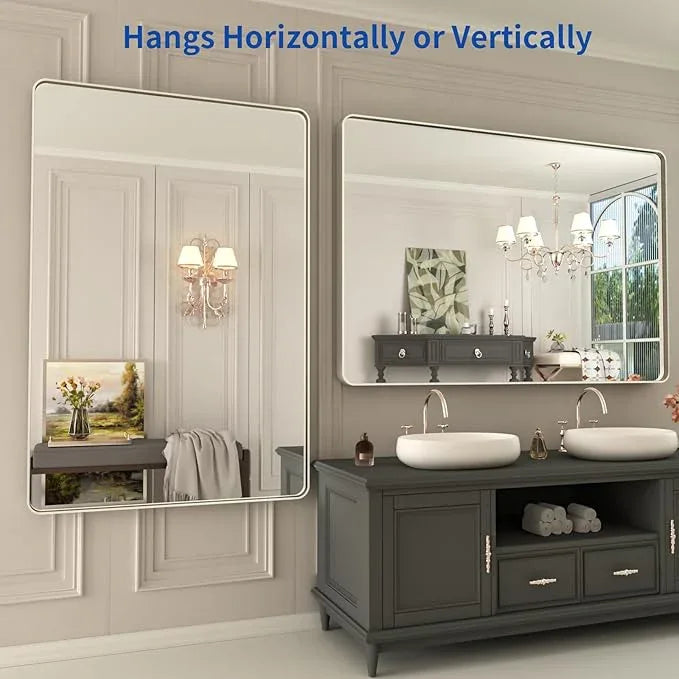 WEER 48X32 Inch Brushed Nickel Bathroom Mirror, Brushed Silver Metal Frame Mirror, Rounded Rectangle Silver Bathroom Vanity Mirror, Tempered Glass, Anti-Rust, Hangs Horizontally or Vertically - ModernBath