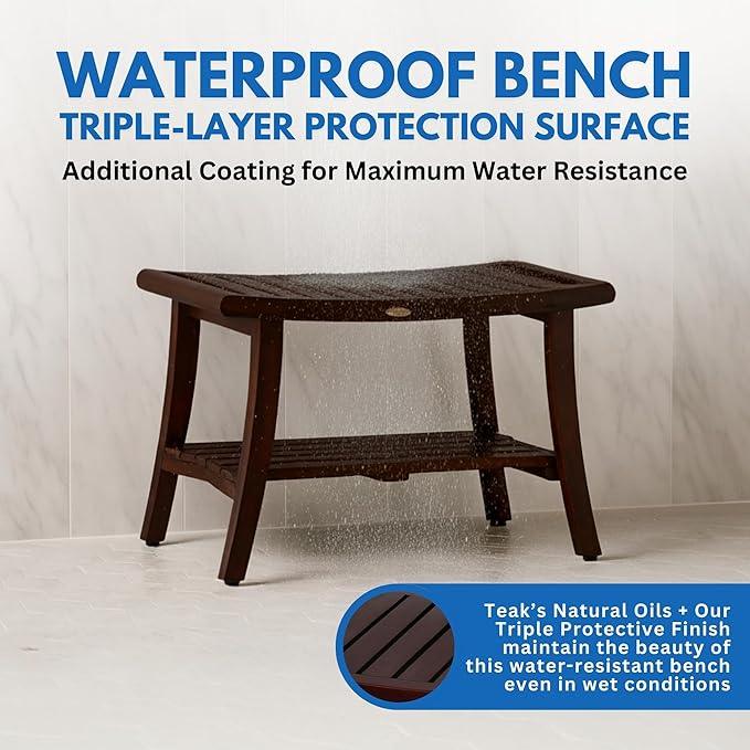 DecoTeak Harmony 30 Inch Brown Waterproof Teak Wood Shower Bench | Provides Safety, Storage, and Organization for Bathroom Accessories - ModernBath