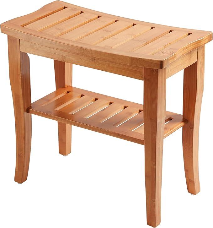 Bamboo Shower Bench - Small Wooden Shower Stool with Storage Shelf, Non-Slip Bathroom Seat, Spa Decor Bath Bench, Foot Rest Shaving Stool for Shower, Indoor Outdoor Use, Great Gift Idea (17" x 9 x 17) - ModernBath