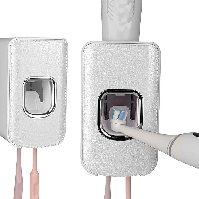 2 Slot Toothbrush Holder and Toothpaste Dispenser Wall Mounted, Automatic Toothpaste Squeezer, 2 in 1 Tooth Brush Toothpaste Organizer for Shower (White 2Pack) - ModernBath