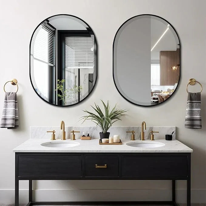 POZINO Black Oval Mirror, Modern Beveled Mirror for Over Sink, 22"x30" Rounded Rectangle Mirrors, Oblong Vanity Wall Mirrors in Premium Stainless Steel Frame, Hangs Horizontal Or Vertical - ModernBath