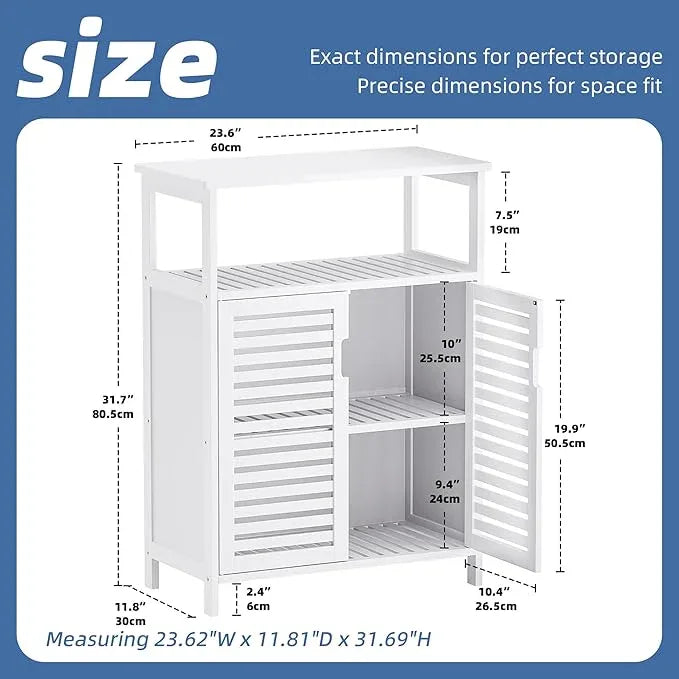 HITNET White Bathroom Cabinet, Bamboo Storage Cabinet Freestanding, Side Tall Storage Organizer for Kitchen Living Room Entryway - ModernBath