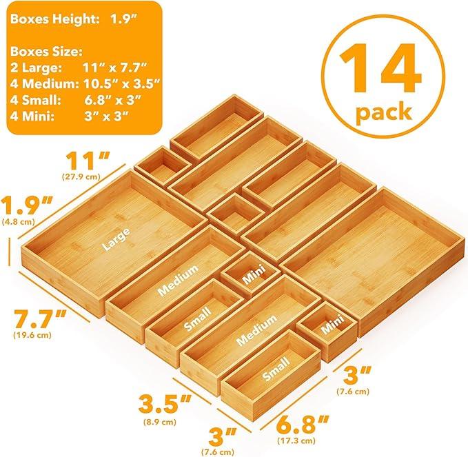 SpaceAid 14-Piece Bamboo Drawer Organizer Storage Boxes Set, Wood Tray Junk Drawer Organizers Multi-Use Divider Bins for Kitchen, Bathroom, Office Desk and Makeup Organization (14 Pack, Natural) - ModernBath