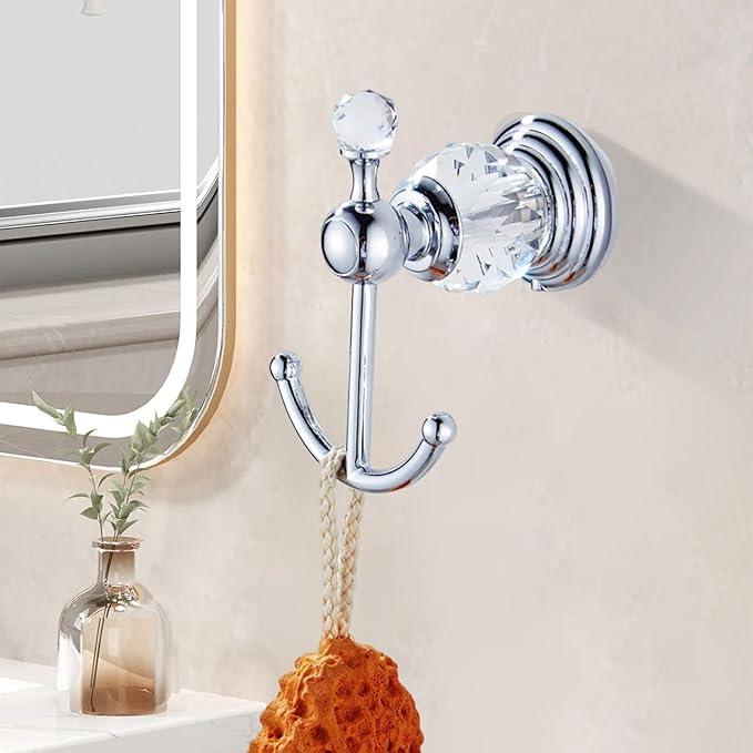 Crystal Silver Towel Hook, Chrome Bathroom Robe Hook, Coat Rack Hanger Heavy Sturdy Double Towel Hooks Bath Farmhouse Clothes Hook Wall Mounted Modern for Bathroom Kitchen Washroom - ModernBath
