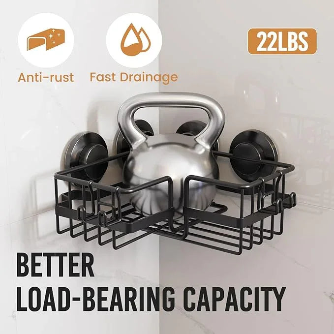 LEVERLOC 2 Pack Corner-adaptive Suction Cup Shower Caddies, Drill-Free Wall Mounted Basket, Stainless Steel Rustproof Corner Shower Shelf, Large Capacity Removable Suction Bathroom Organizer, Black - ModernBath