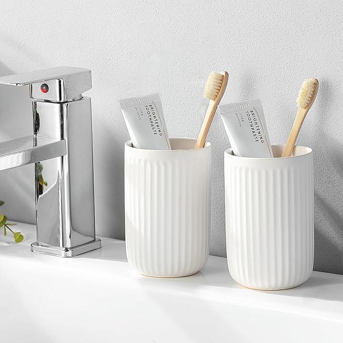 BSDISP White Toothbrush Holders for Bathrooms - 1 Cups Ceramic Toothbrush Toothpaste Holders, White Bathroom Tumbler Cups Reusable Toothbrush Mouthwash Cup, Bathroom Counter Organizer. - ModernBath