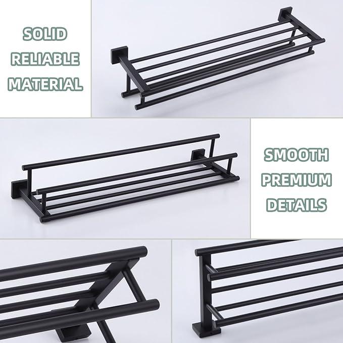 Bath Towel Shelf with 2 Towel Holders, Angle Simple Stainless Steel Bathroom Towel Rack with Towel Bars, Wall Mount Train Rack Matte Black 27.56 Inches - ModernBath