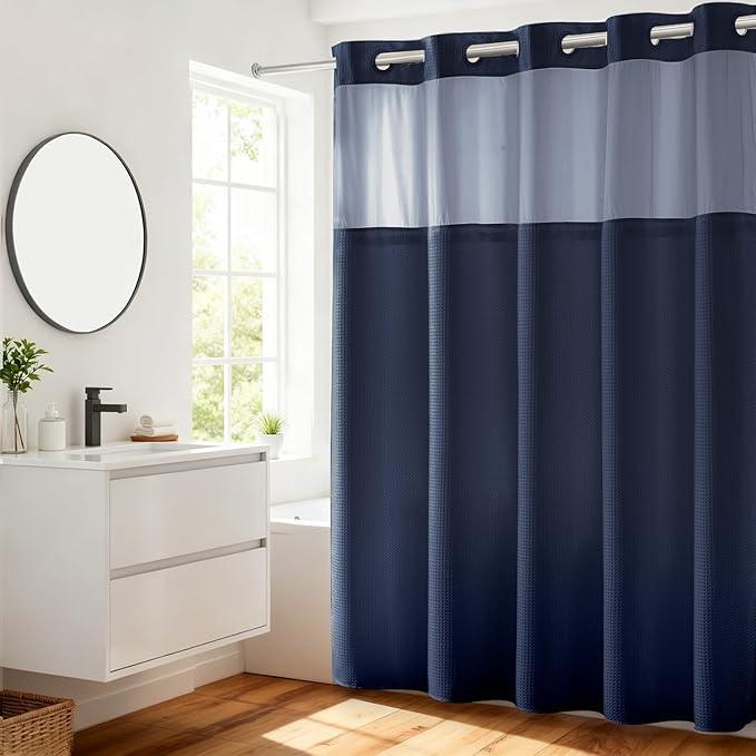 River Dream Heavyweight Navy Blue No Hooks Required Dotted Waffle Weave Shower Curtain with Snap in Liner - 71W x 74H,Hotel Grade,Spa Like Bath Curtain - ModernBath